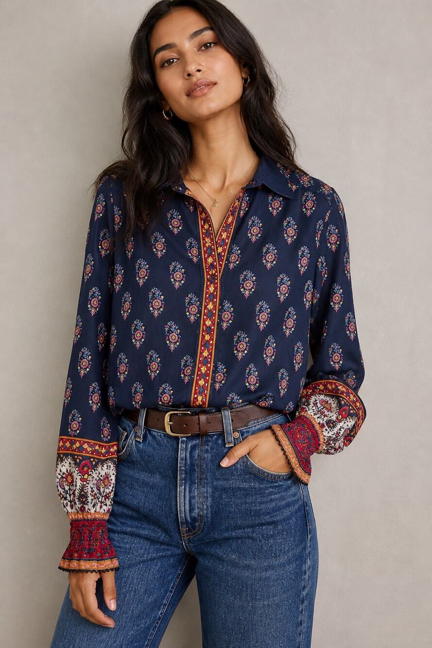 Anthro Tanvi Kedia Navy Floral Paisley Boho Blouse Small